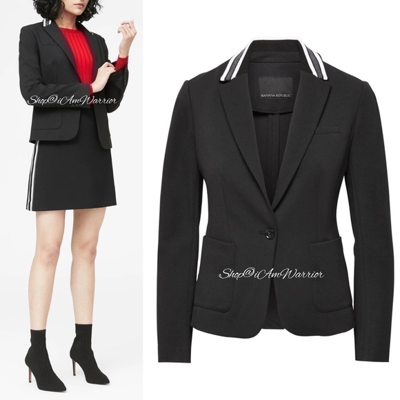 Banana Republic NWT black ponte knit stripe collar one button blazer - Picture 2 of 9